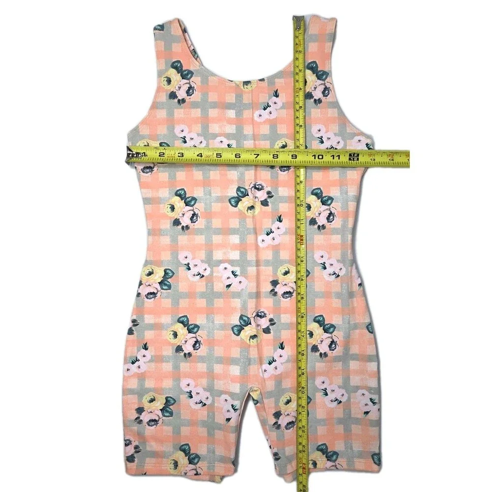 Gilda Marx VTG 90s Kids Cotton Peach Plaid Floral Biketard Singlet Size 12/14
